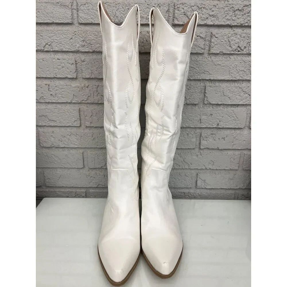 Women White Stitching Detail Knee High Cowboy Boots Size 41(10-10.5)